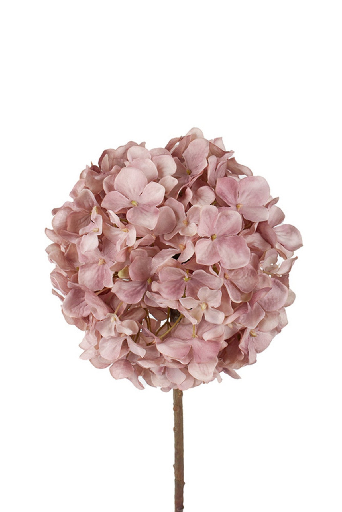 Close up of a dusky mauve faux hydrangea head with layered dusty rose petals