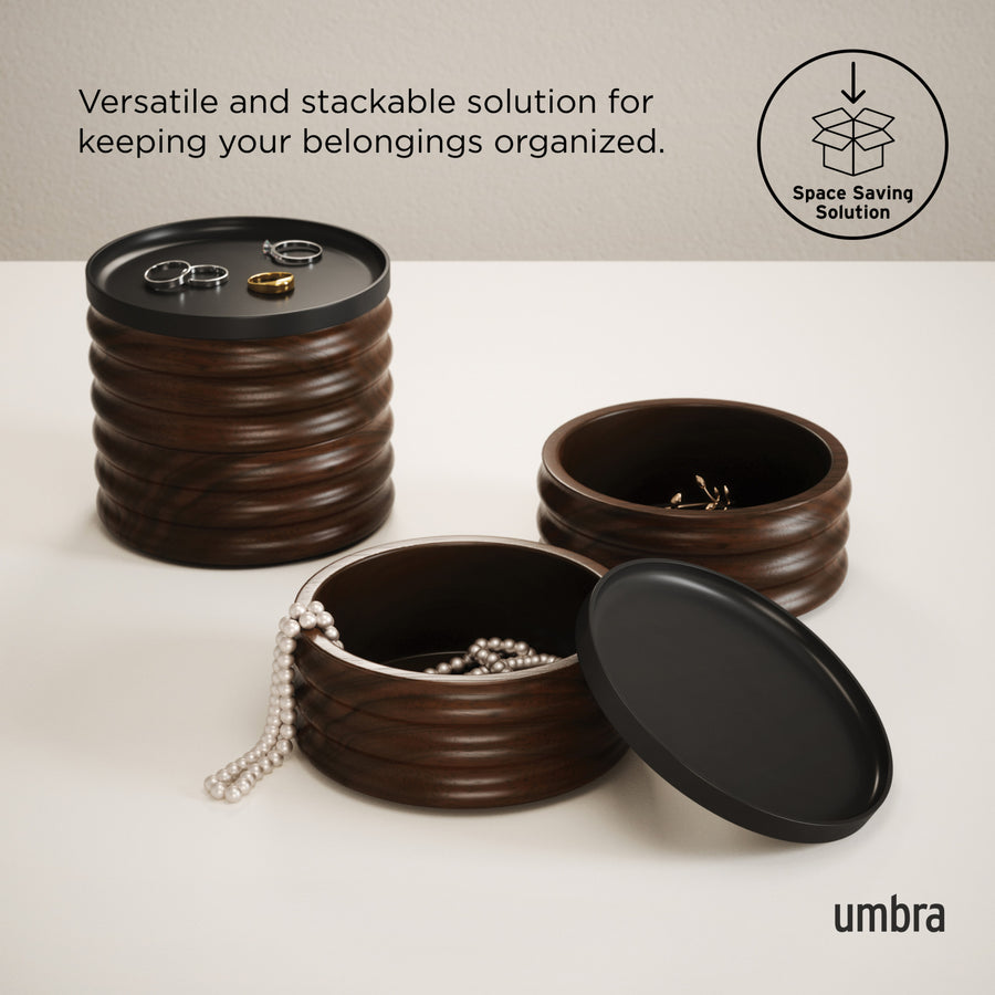 Umbra Tesora storage box in walnut and black, stacking tiers for jewellery storage