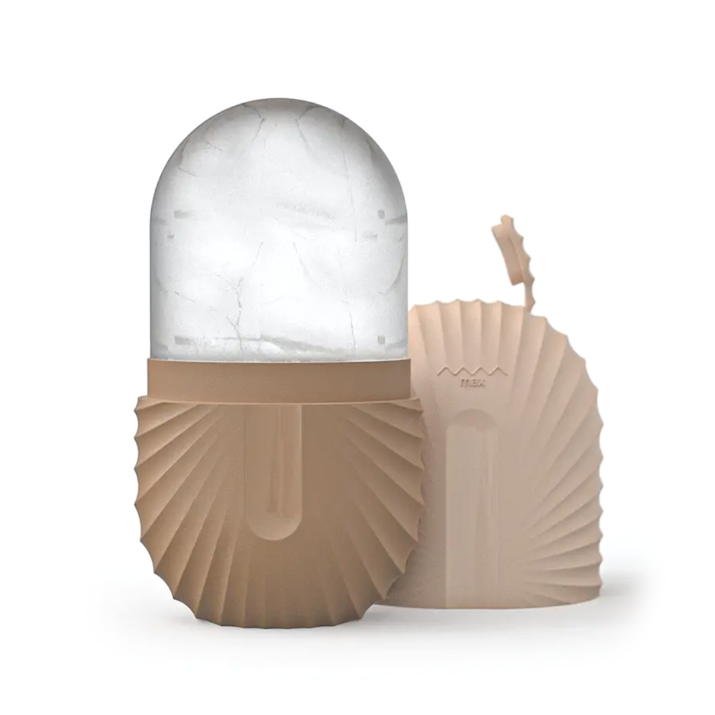Beige ice roller with a fan-ribbed handle and domed frozen head, shown beside its ribbed cover