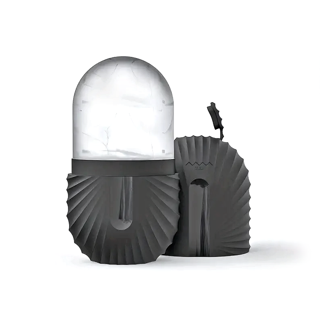 Black ice roller with the same fan-ribbed handle and domed frozen head, cover standing alongside