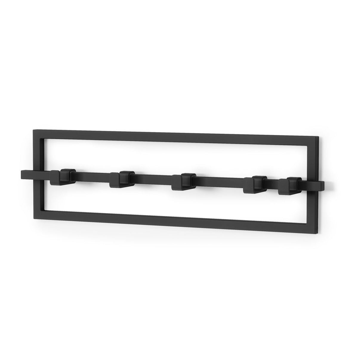Umbra Cubiko 5 hook wall rack in black at an angle, hooks sliding along the steel frame