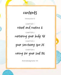 Everyday Self-care contents page listing the four chapters, framed in orange on a pastel background
