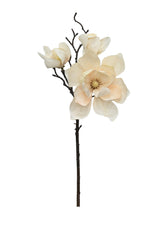 Faux Imperial Magnolia stem in vanilla, 50cm with soft cream-peach blooms and buds on a bare branch.