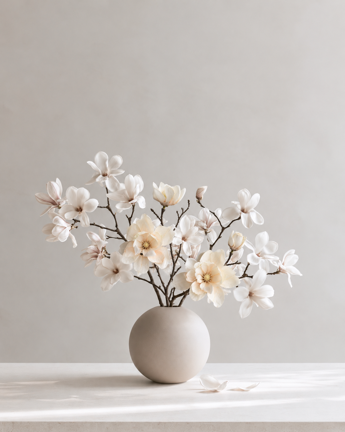 Imperial Magnolia stems in vanilla among pale magnolia branches in a round stone vase