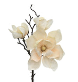 Faux Imperial Magnolia in vanilla, cream blooms with soft peach centres opening along a bare dark branch.