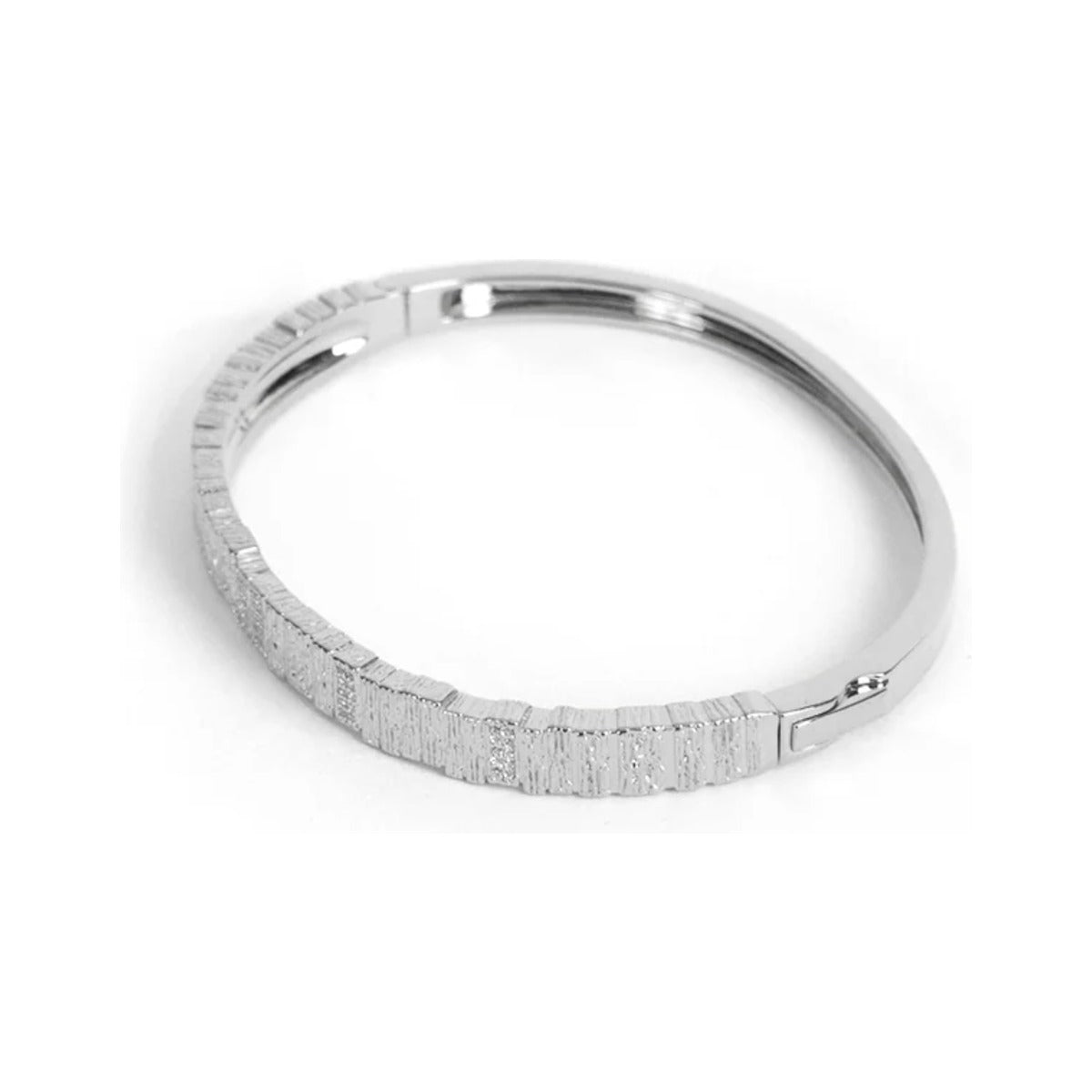 Silver Impressions Bracelet at an angle showing the hinge