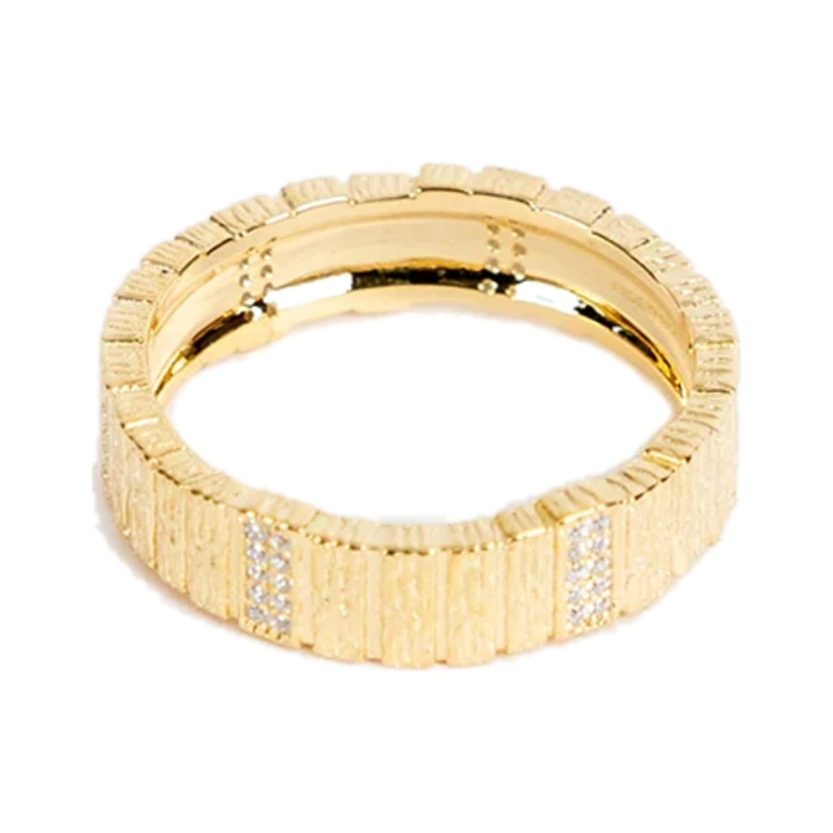 Impressions Ring shown in the Gold option, textured band with rows of clear crystals