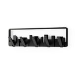 A small black Umbra Skyline Wall Mounted Hook with a television on hooks.