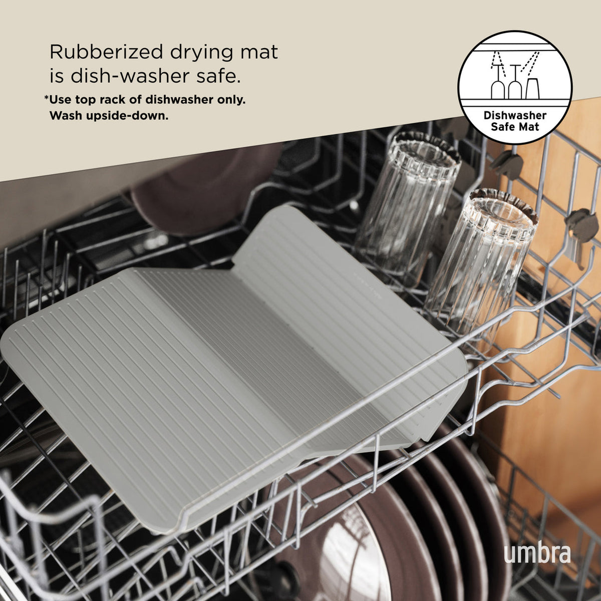Umbra Sling drying mat on the top rack of a dishwasher, shown as dishwasher safe