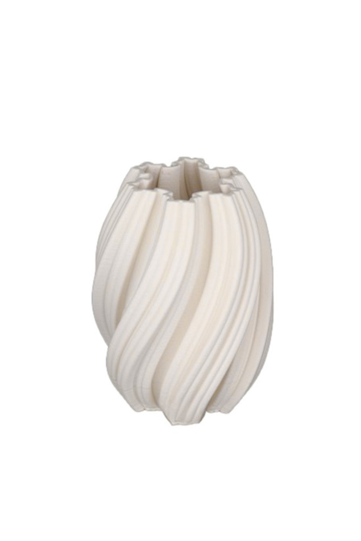 Small Issey 3D ceramic vase in warm milk with diagonal swirling ribs