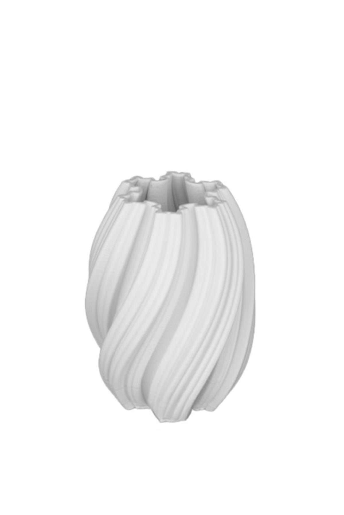 Small Issey 3D ceramic vase in white with a swirled barrel shape and ruffled rim