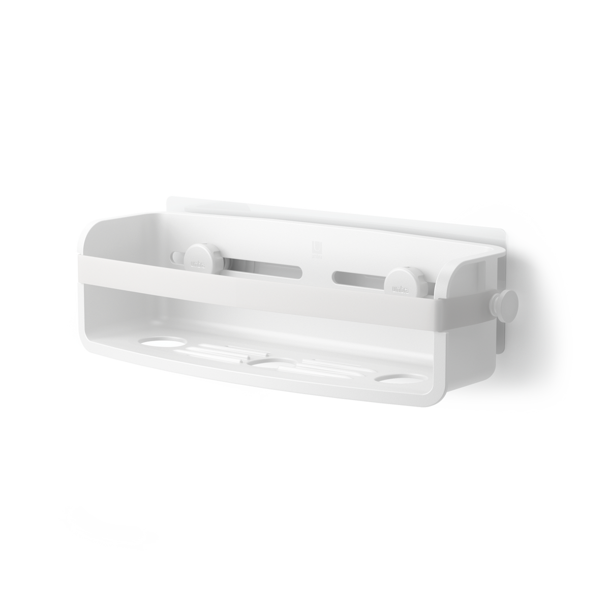 Umbra Flex adhesive shower bin in white, angled view of the bin and side knobs