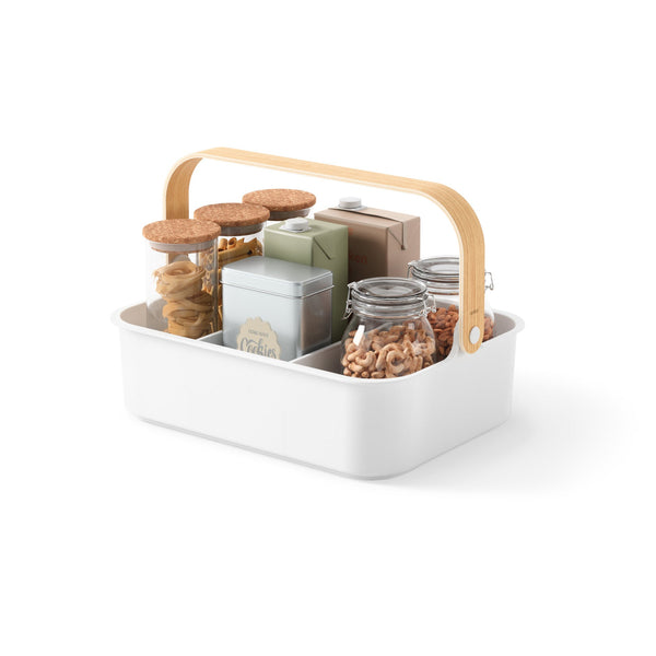 An Umbra Bellwood Storage Bin with jars and nuts inside.