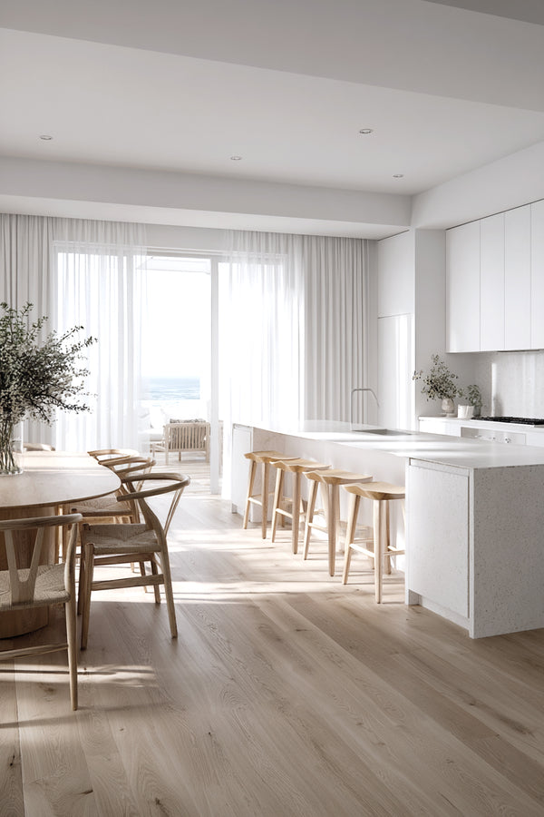 Jordan Barstool styled at kitchen island with wood flooring