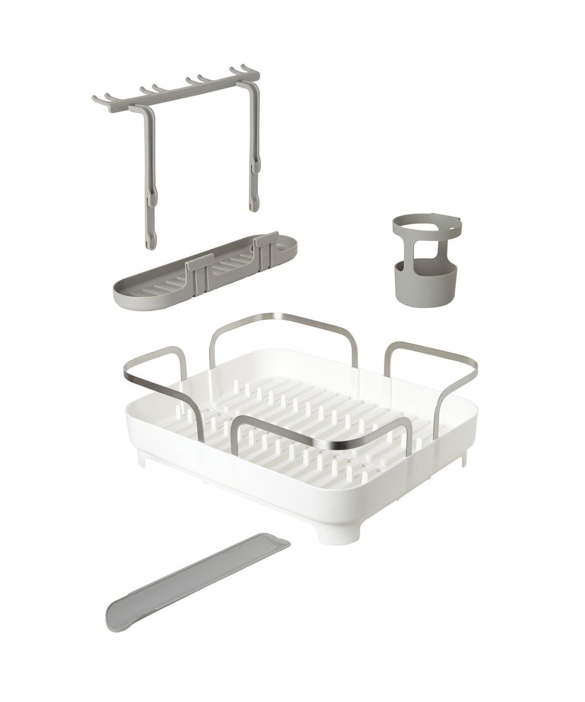 Holster dish rack parts laid out: glass rail, side tray, cutlery caddy, frame and spout
