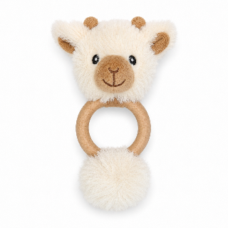 Juno the Giraffe baby teether by Lily & George, cream plush giraffe head on a wooden ring with a fluffy pompom