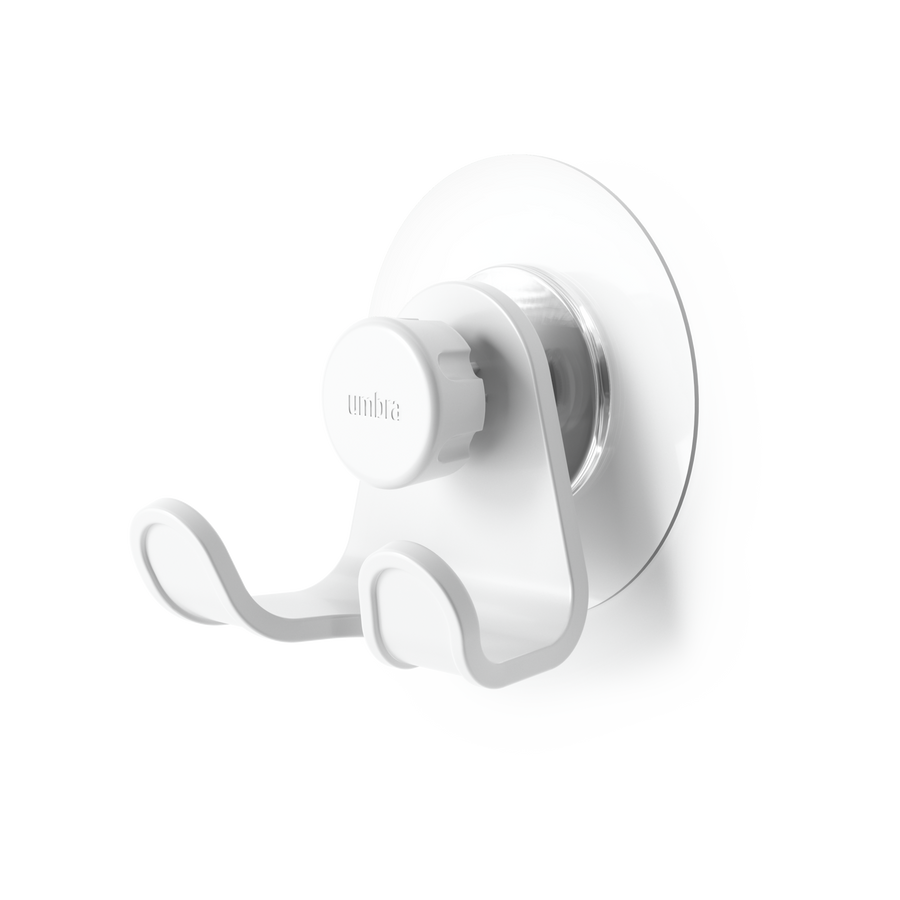 Umbra Flex adhesive double hook in white, angled view of the hooks and adhesive disc