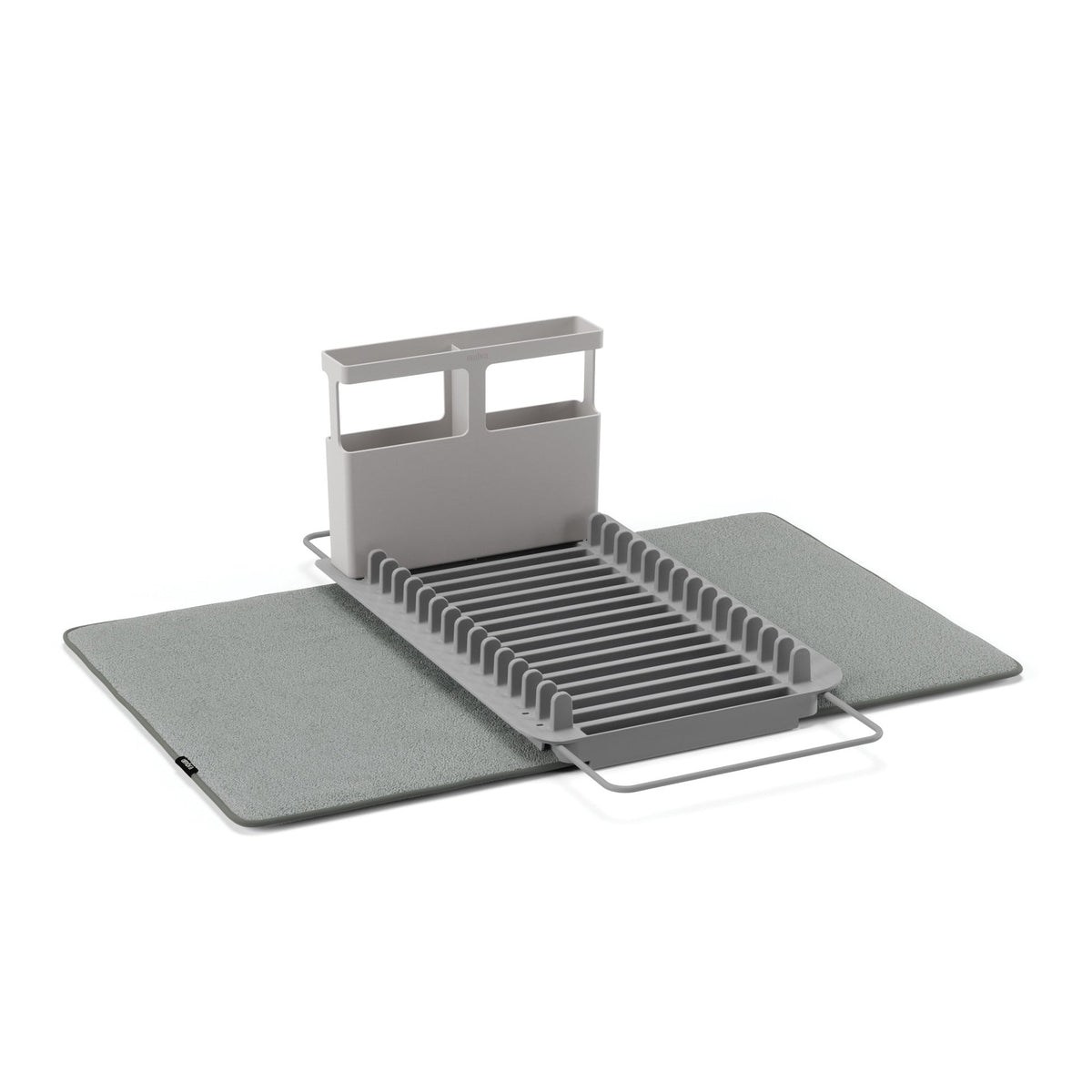 Umbra Udry dish rack in charcoal unfolded over its drying mat with the arms extended