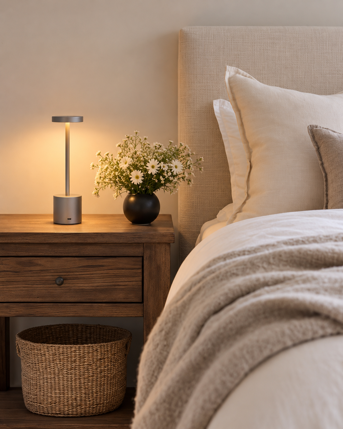 Silver LED Skyscraper cordless lamp glowing on a timber bedside table beside daisies