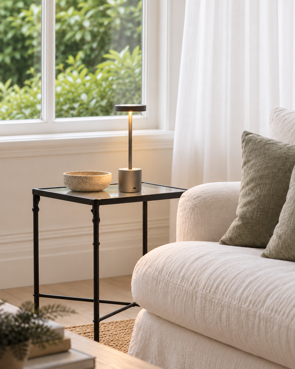 Silver LED Skyscraper cordless lamp on a glass side table beside a linen sofa