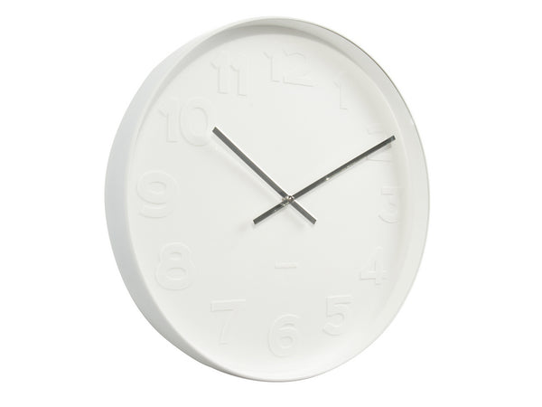 A Scandinavian-designed Wall Clock Mr White Medium White from Karlsson with black numbers on it.