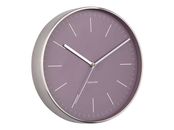 Karlsson Minimal Wall Clock in Purple with a steel rim and white hands, angled view