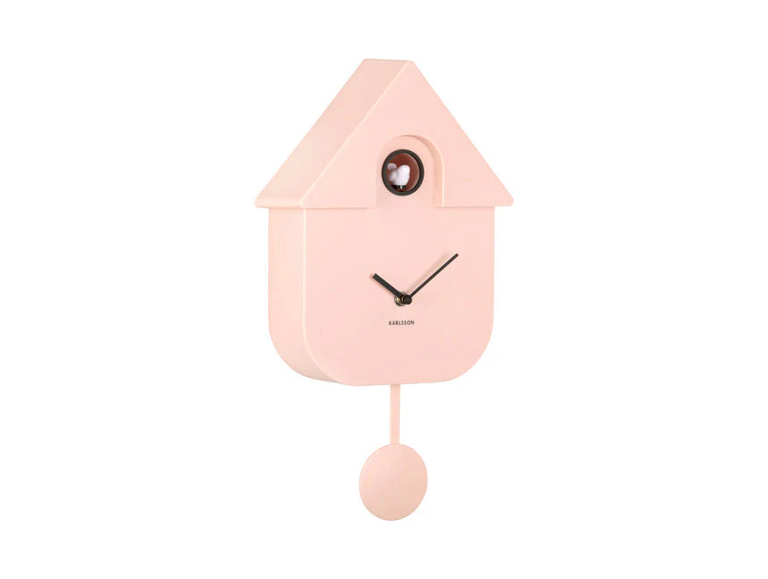 Karlsson Modern Cuckoo Clock in soft pink against a white background