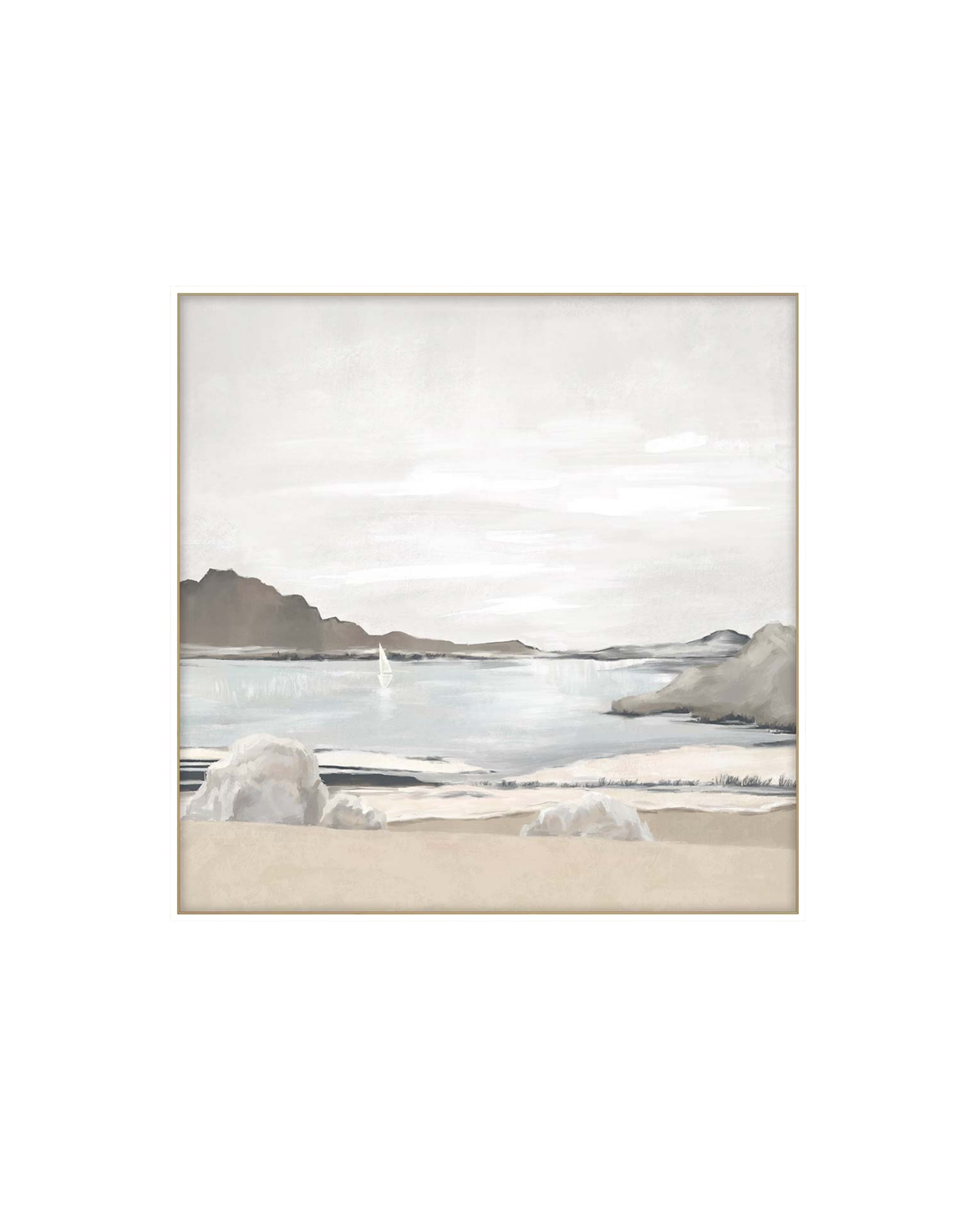 Kaiteri Print by Ned Collections, white framed square canvas of a calm bay with a sailboat, hills and boulders