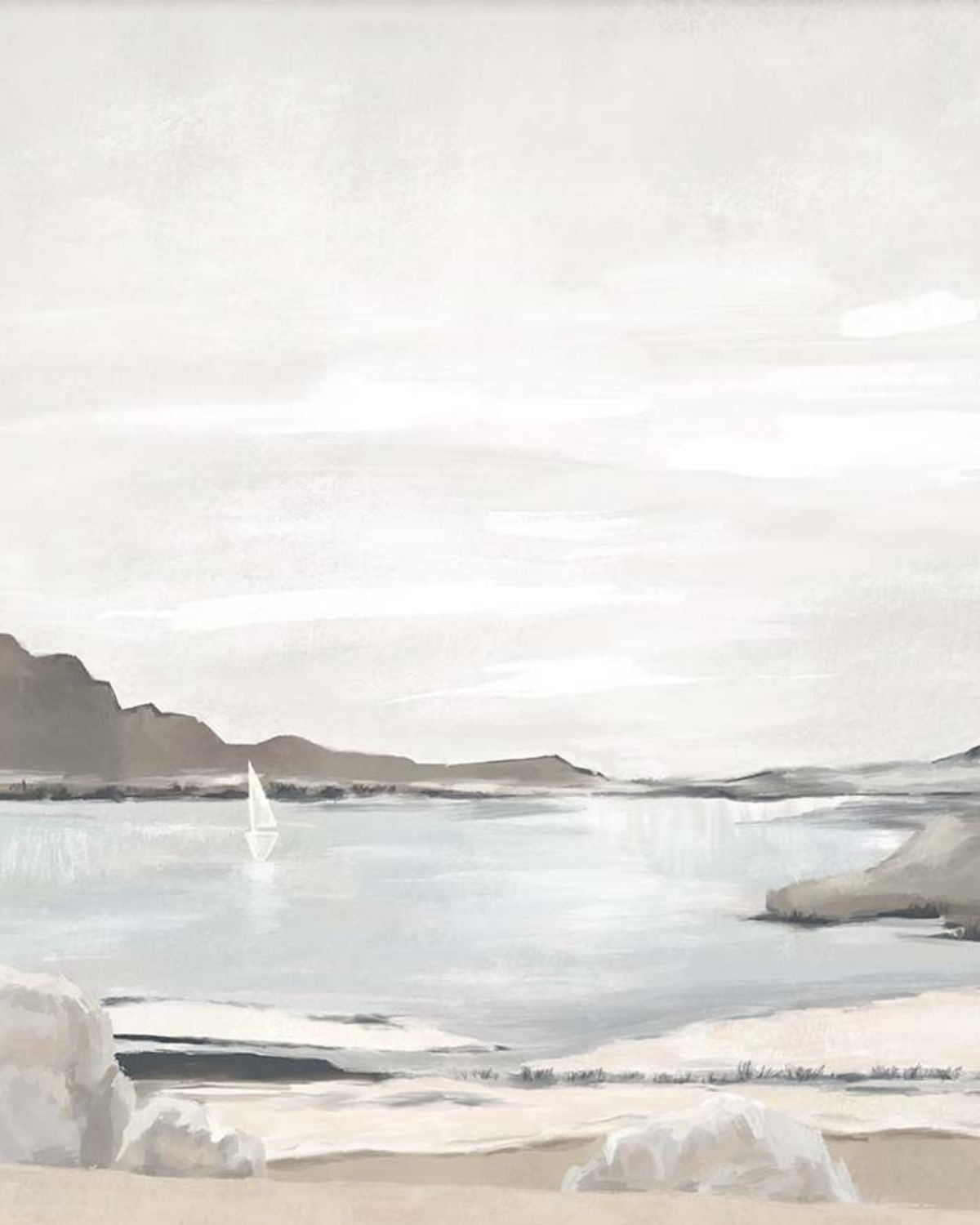 Close crop of the Kaiteri artwork showing the white sailboat, pale blue water, brown hills and sandy shore