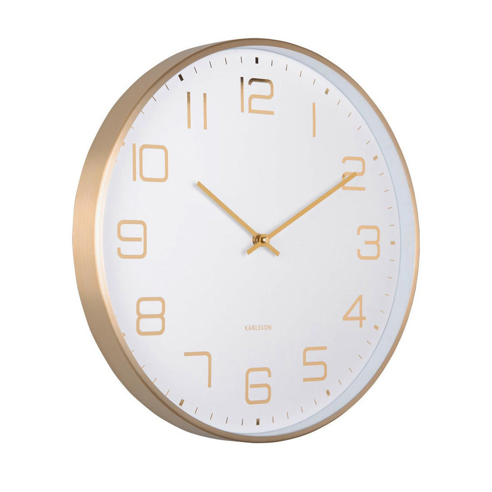 Karlsson Elegance Glow wall clock with brushed gold aluminium frame and white dial