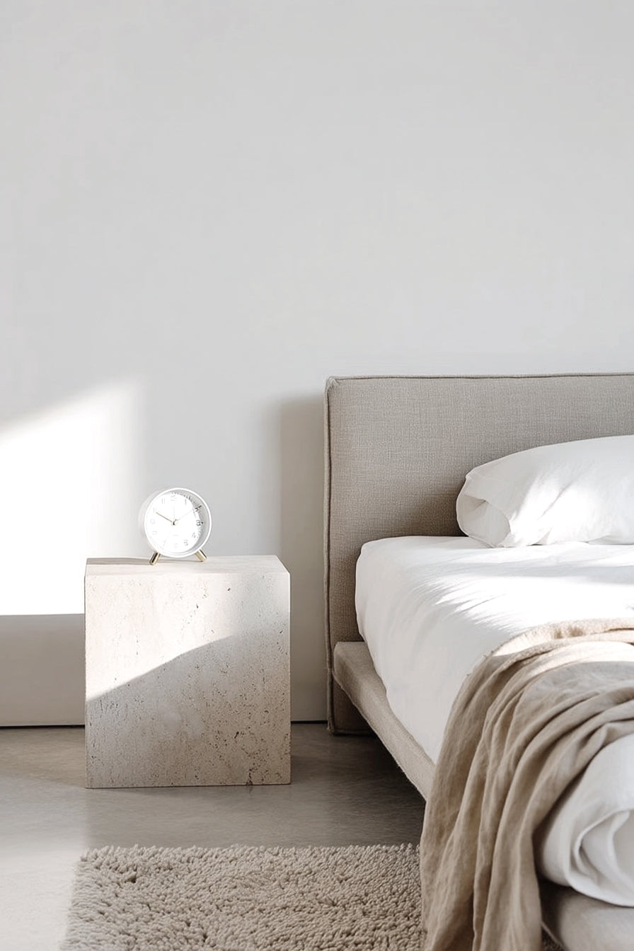 White Karlsson Lofty alarm clock on a travertine side table beside a bed with white linen and a taupe throw