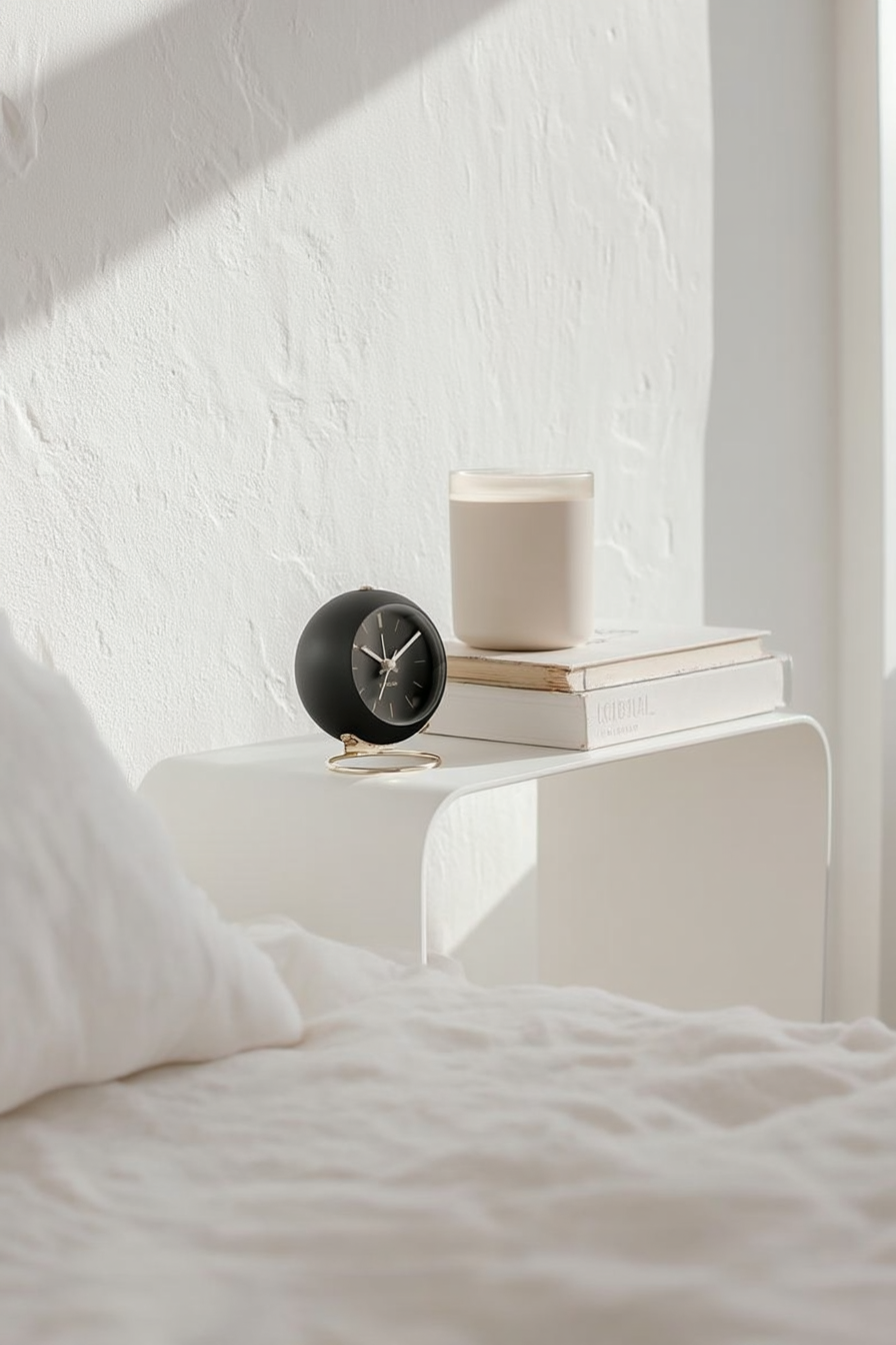 Black Globe alarm clock on a white floating bedside shelf beside a candle and white bedding