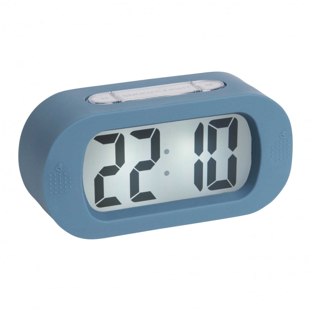 Karlsson Gummy Digital Alarm Clock in blue, close front view of the large digits