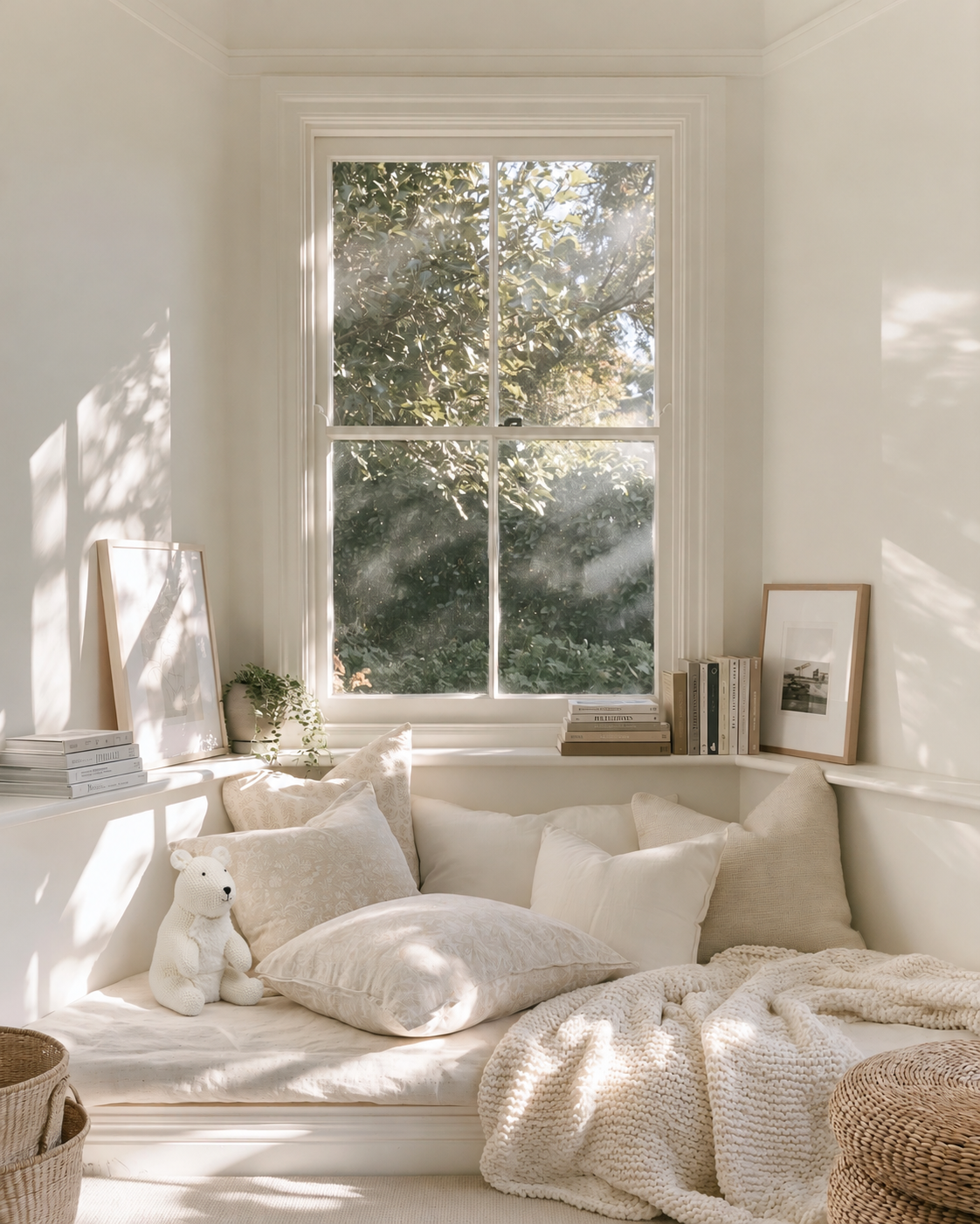 Peter the Polar Bear white knitted soft toy sitting on a cushioned kids window seat beside a sunlit window