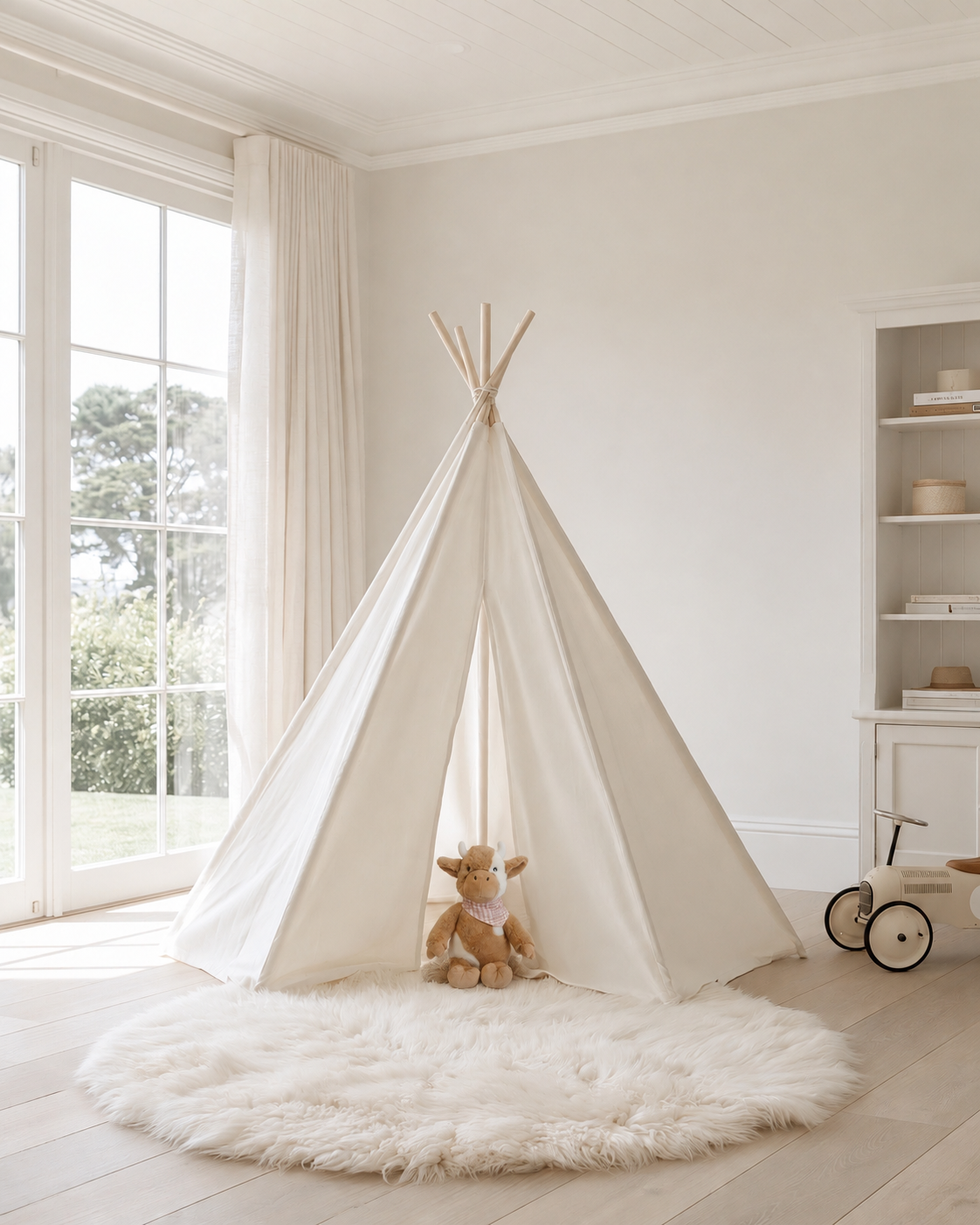 Daisy the Cow soft toy with gingham scarf sitting at the entrance of a white canvas teepee on a sheepskin rug in a kids room