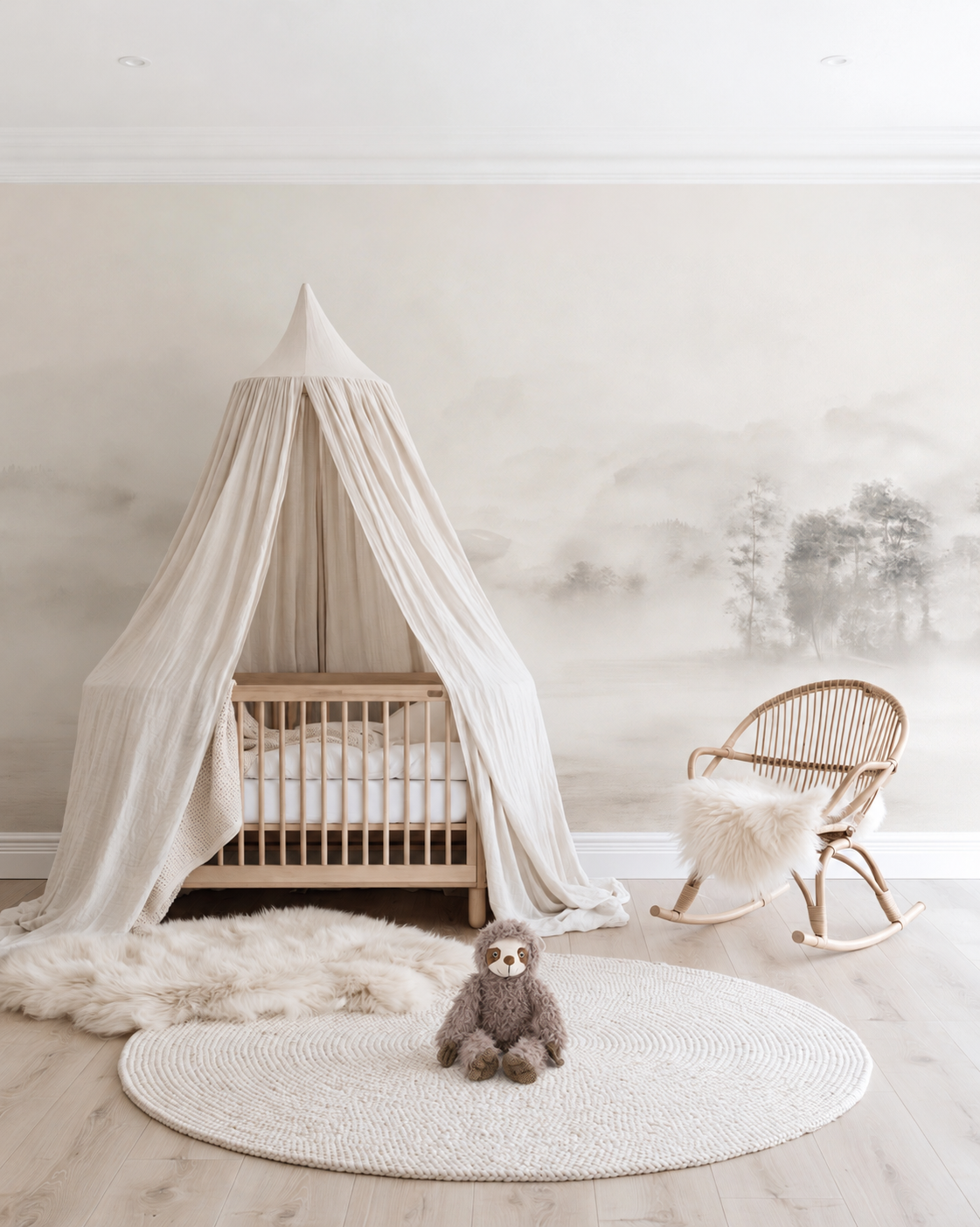 Sofia the Sloth plush toy sitting on a round cream rug in a nursery with a canopy cot and misty landscape mural