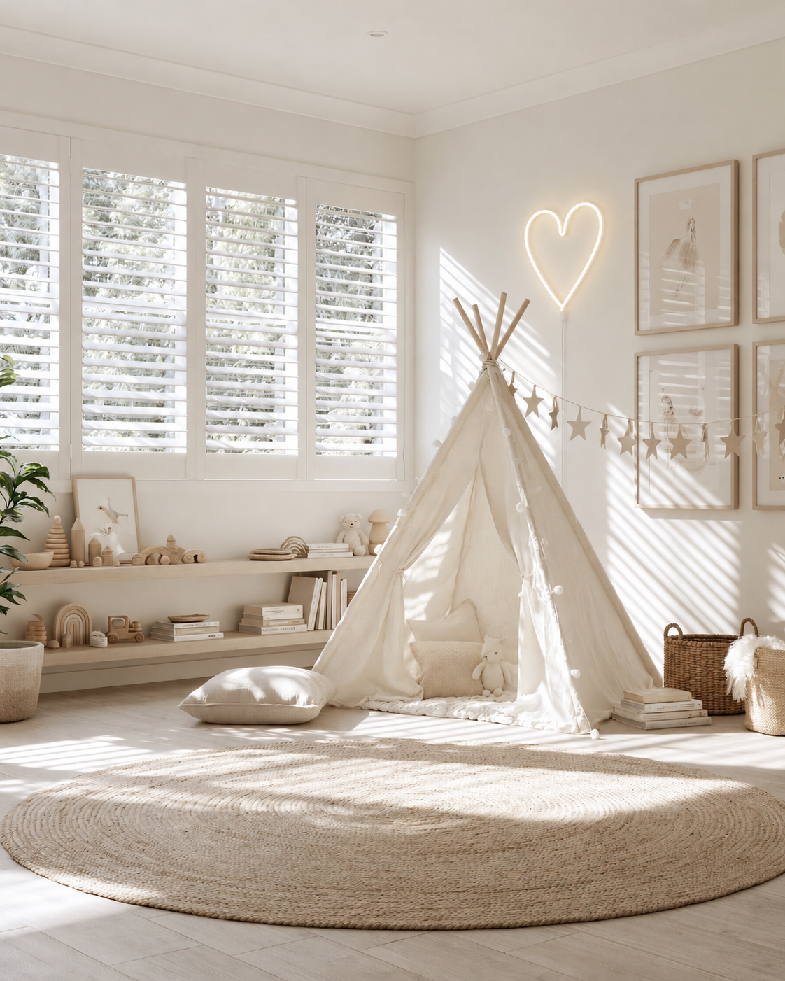 Heart Neon LED wall light glowing warm white above a canvas teepee in a sunlit kids playroom