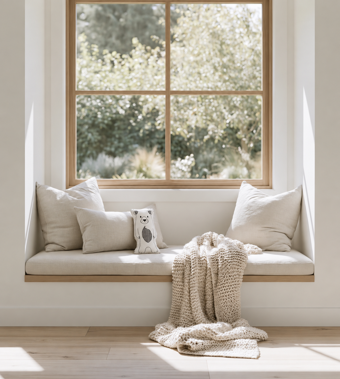 Billie the Bear flat illustrated soft toy propped against linen cushions on a sunny kids window seat