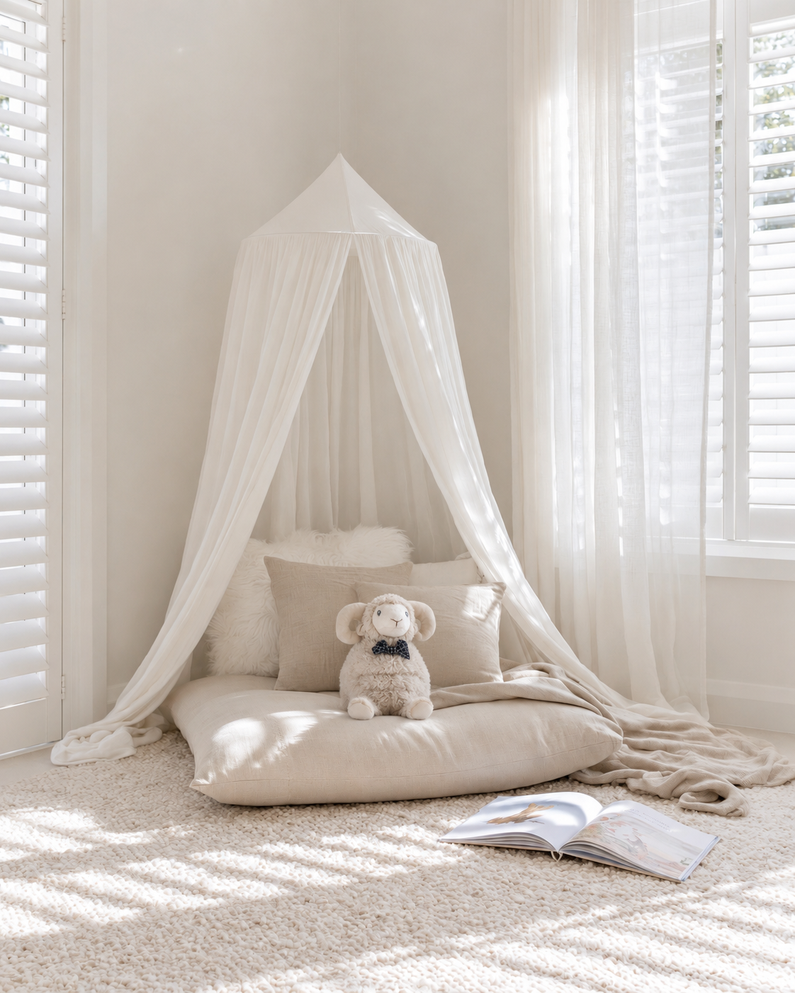 Liam the Ram plush toy with check bow tie sitting on a floor cushion under a sheer canopy in a kids reading nook