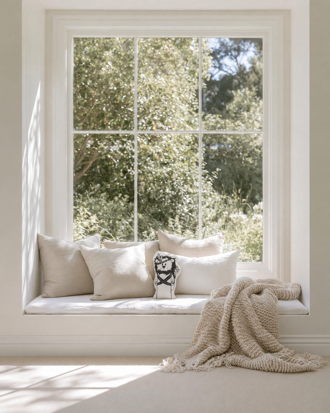 Liam the Lion flat illustrated soft toy propped among linen cushions on a sunny kids window seat