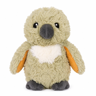 Kip the Kea soft toy by Lily & George, olive green plush kea with orange underwings and a grey beak