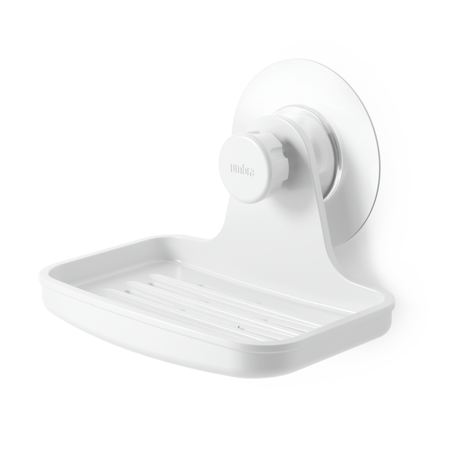 Umbra Flex adhesive soap dish in white seen from above, showing drainage ridges