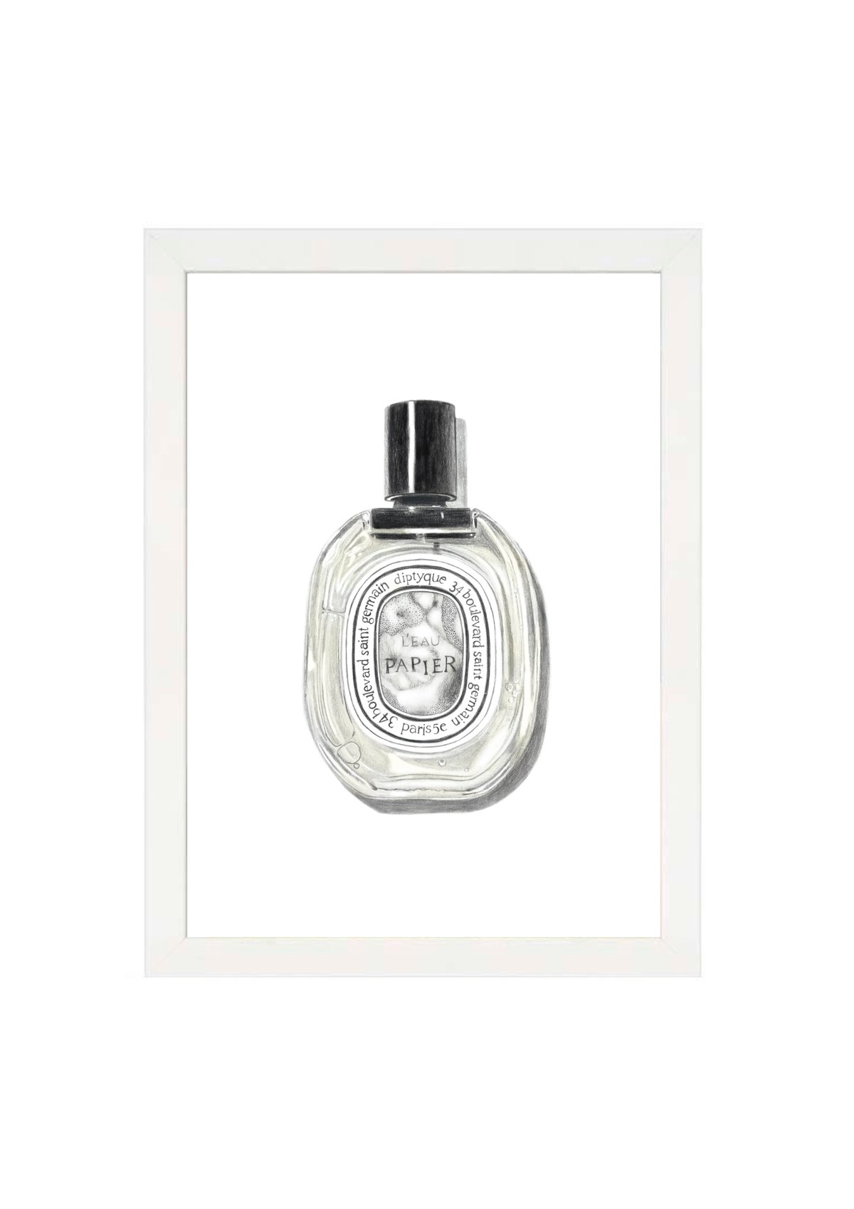 L'eau Papier Print by Papier HQ in a matte white frame, a delicate perfume bottle sketch on white