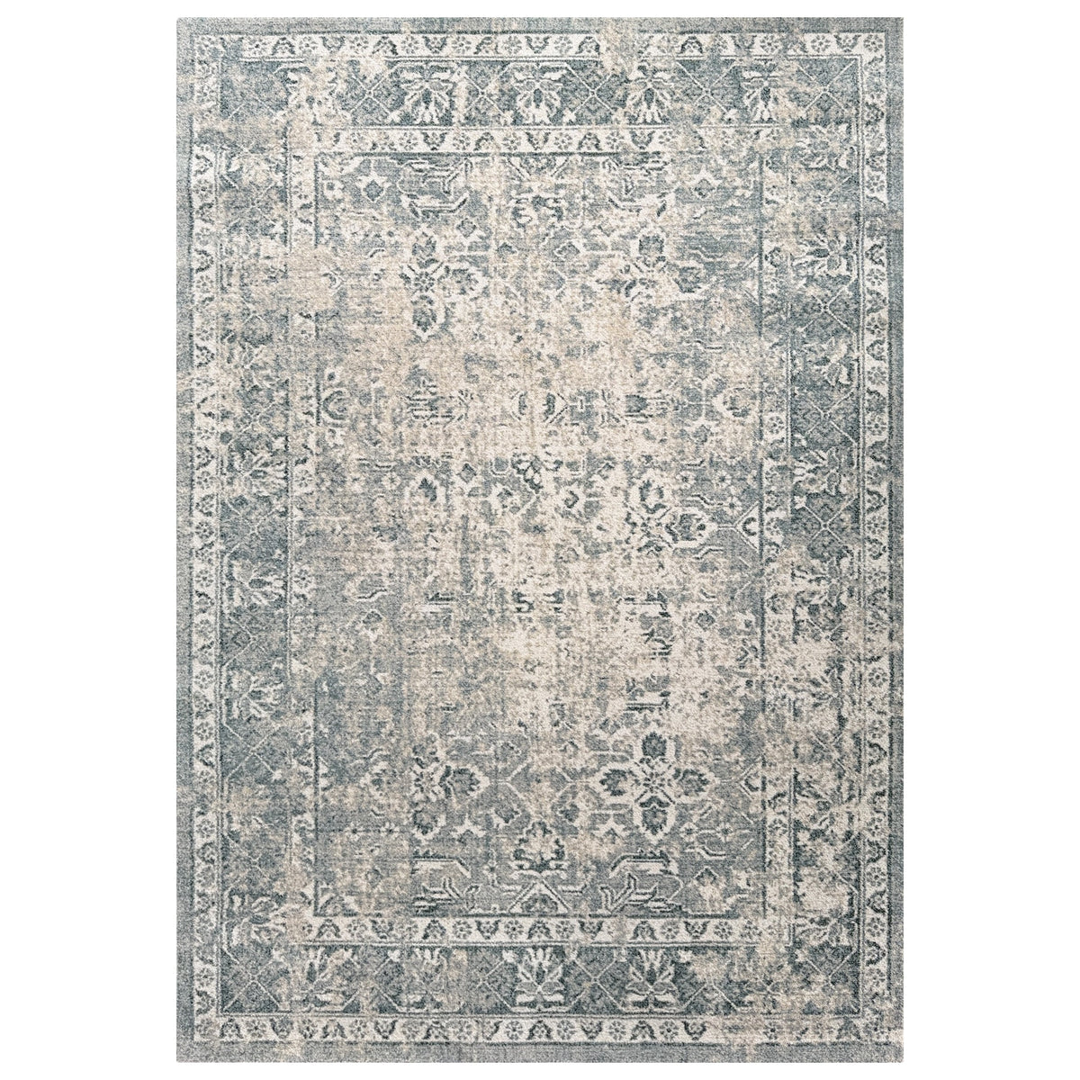 Legacy Stone Rug with a faded traditional medallion in stone grey and cream, shown flat on white