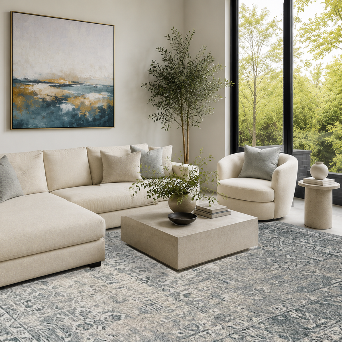 Distressed grey and cream rug under a stone coffee table with a cream sectional sofa