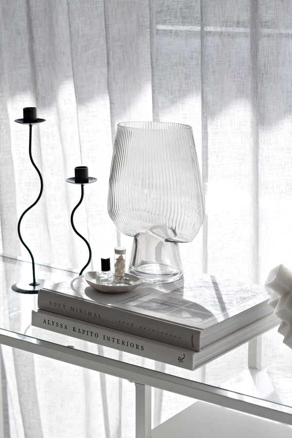 Lianne ribbed glass vase in taupe – sculptural 28cm vase for Japandi, coastal, and soft-minimal home styling