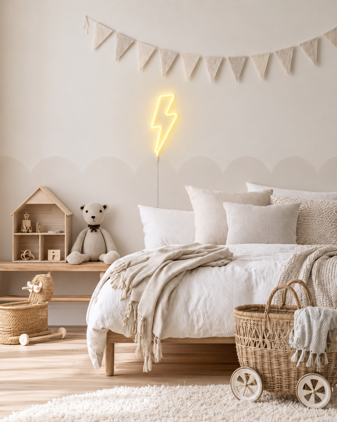 Yellow lightning bolt neon LED wall light glowing above a kids bed under linen bunting in a scalloped bedroom