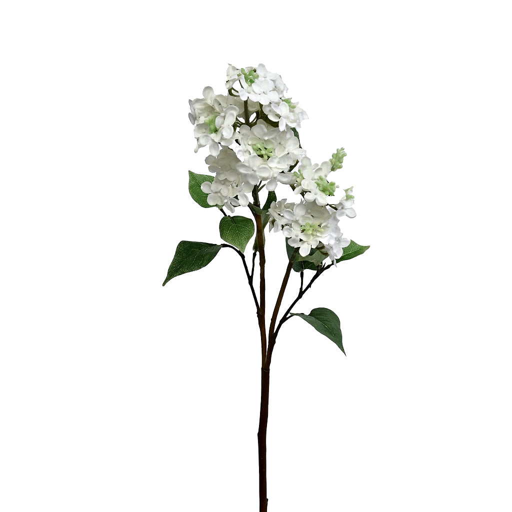 Single white faux lilac stem with a clustered bloom and green leaves, on white