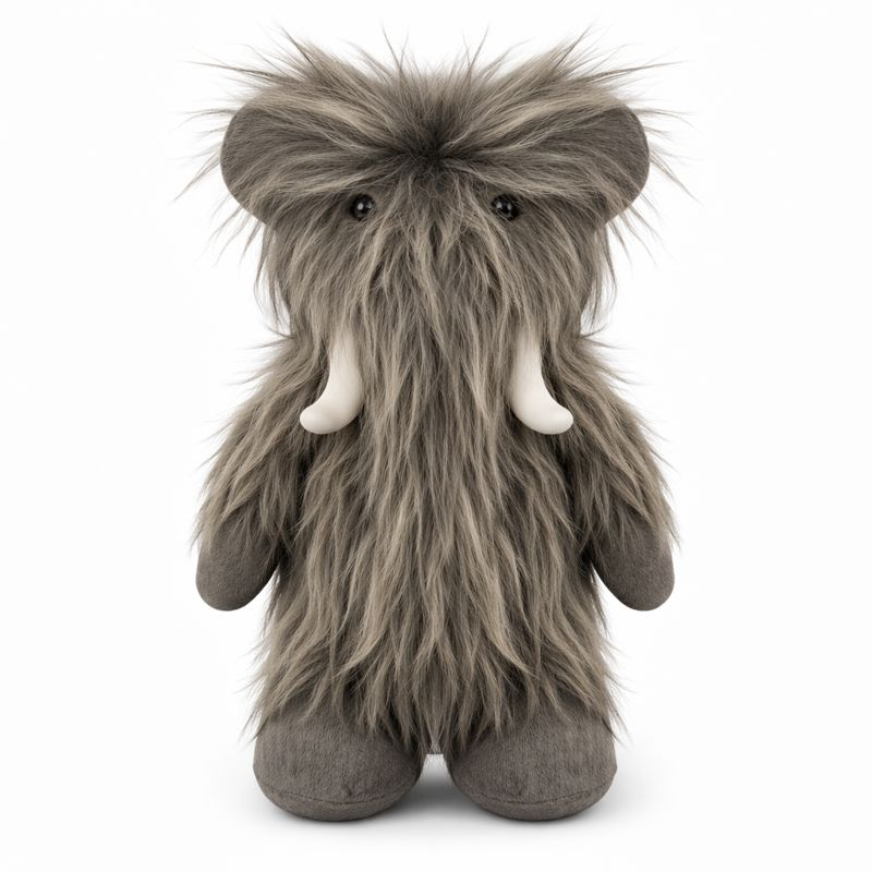 Little Monty Mammoth soft toy by Lily & George with shaggy fur and friendly tusks, plush nursery toy