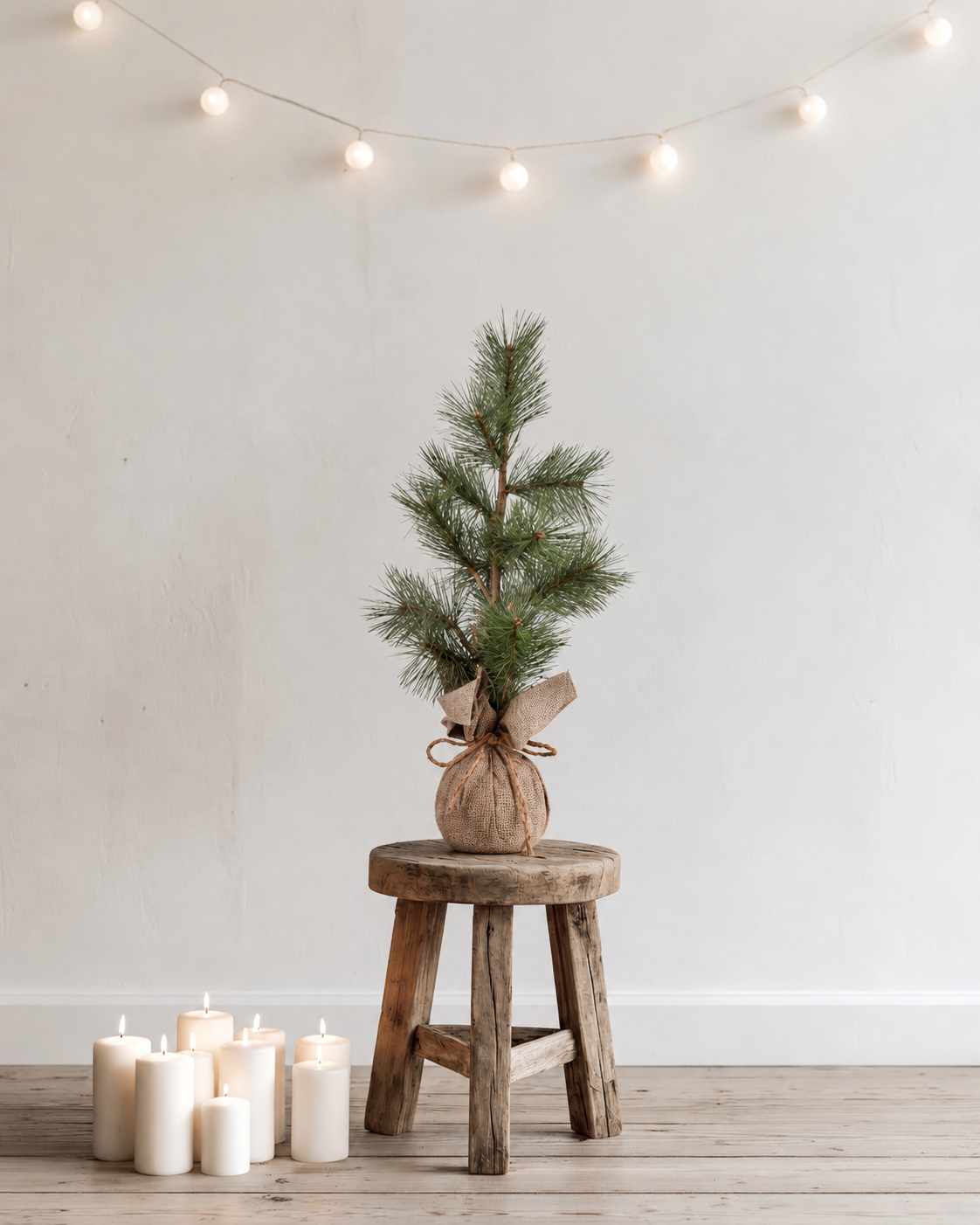 Long needle pine tabletop tree in burlap on a rustic wooden stool beside pillar candles
